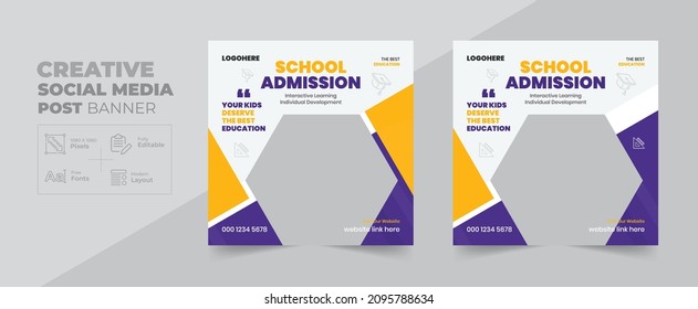 School admission social media post banner design. back to school social media post banner design set. Back to school admission promotion banner. school admission template for social media ads banner