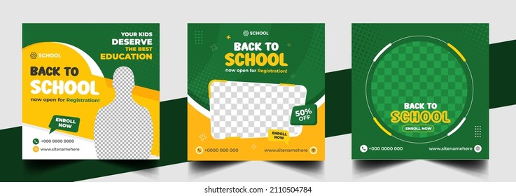 School admission social media post banner design. back to school social media post banner design set. Back to school admission promotion banner. school admission template for social media ad.