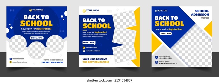 School admission social media post banner design. back to school social media post banner design set. Back to school admission promotion banner. school admission template for social media ad.