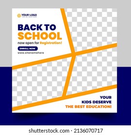 School admission social media post banner design. back to school social media post banner design. Back to school admission promotion banner. school admission template for social media ad.