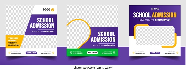 School admission social media post banner design. back to school social media post banner design set. Back to school admission promotion banner. school admission template for social media ad.