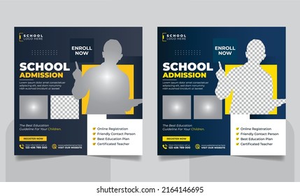 School Admission Social Media Post Banner, Back To School Square Flyer Web Banner Design Template