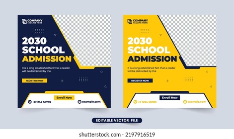 School admission social media post vector with yellow and dark colors. Academic and educational poster design with abstract shapes. School registration template vector. Back-to-school template design.