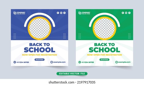 School admission social media post template vector with blue and green colors. Creative college registration social media design for kids' education. Academic course promotion poster vector.