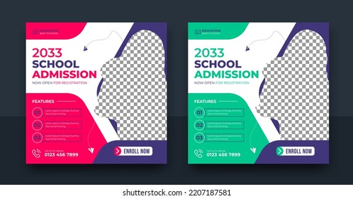 School admission social media post banner design. back to school social media post banner design set. school admission template for social media ad.