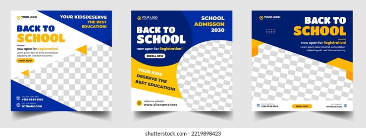 School admission social media post banner design. back to school social media post banner design set. Back to school admission promotion banner. school admission template for social media ad.