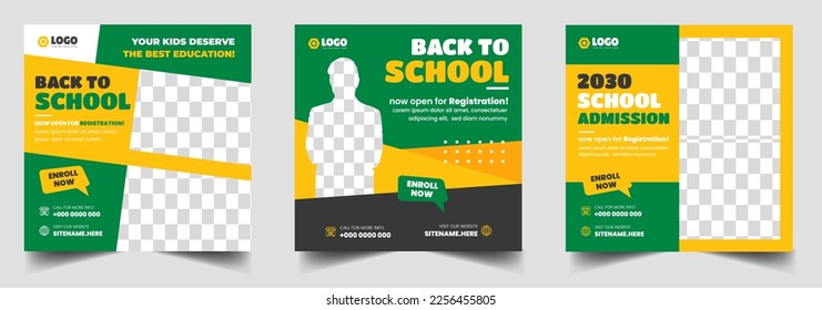 School admission social media post banner design. back to school social media post banner design set. Back to school admission promotion banner. school admission template for social media ad.