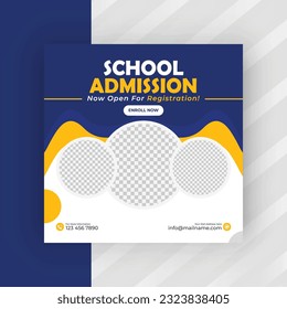 Diseño de pancartas en las publicaciones de las redes sociales de admisión escolar. Diseño de pancartas en medios sociales de regreso a la escuela. banner de promoción de admisión al colegio. De vuelta al anuncio de diseño de pancartas escolares