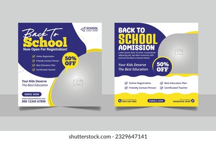 School admission social media post banner, educational social media post square flyer back to school web banner design template.