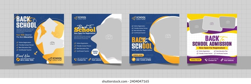 School admission social media post banner, educational social media post square flyer back to school web banner design template.