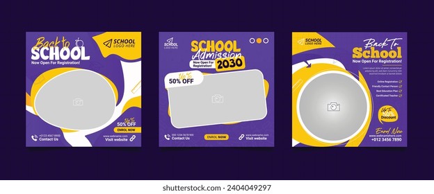 School admission social media post banner, educational social media post square flyer back to school web banner design template.