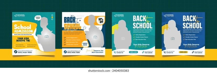 School admission social media post banner, educational social media post square flyer back to school web banner design study abroad template.