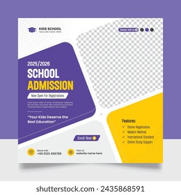 School admission social media post, Back to school admission promotional social media post banner template. Back to School admission social media post or flyer design.