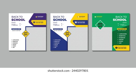 School admission social media post design template. Back to school online marketing banner layout.