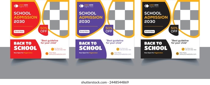  School Admission Social Media Post Banner Design | Back To School Social Media Post Banner Set Ad | School Admission For Social Media Template Premium Vector
