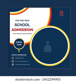 School admission social media post template, blue, red and yellow color design.