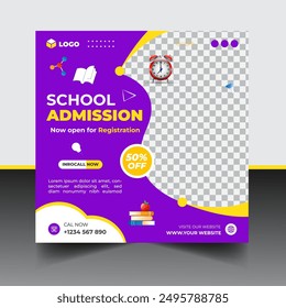 School admission social media post banner template, educational social media post square flyer back to school.