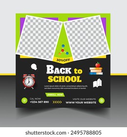 School admission social media post banner template, educational social media post square flyer back to school.