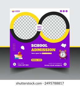 School admission social media post banner template, educational social media post square flyer back to school.