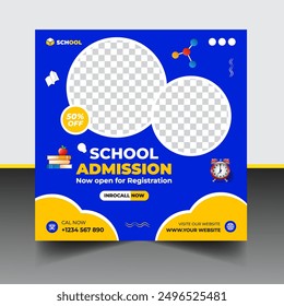 School admission social media post banner template, educational social media post square flyer back to school.