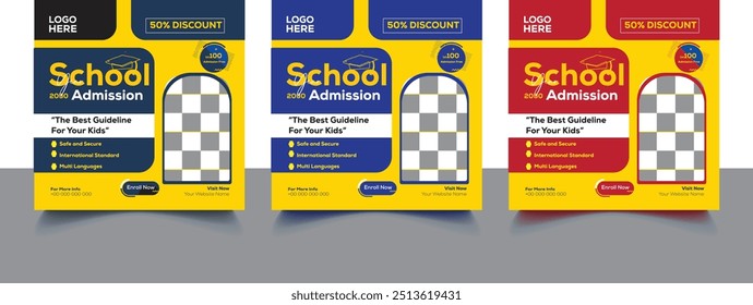 School Admission Social Media Post Banner Design | Back To School Social Media Post Banner Set Ad | School Admission For Social Media Template Premium Vector