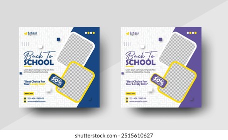 Admisión escolar en redes sociales post diseño de Anuncio. Conjunto de diseño de Anuncio de publicación de redes sociales de regreso a la escuela. Anuncio minimalista de promoción de admisión de regreso a la escuela. Anuncio de diseño de Anuncio de regreso a la escuela