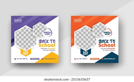 School admission social media post banner design. Back-to-school social media post banner design set. minimalist Back to school admission promotion banner. Back to school banner design ad