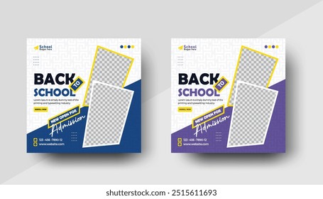 Admisión escolar en redes sociales post diseño de Anuncio. Conjunto de diseño de Anuncio de publicación de redes sociales de regreso a la escuela. Anuncio minimalista de promoción de admisión de regreso a la escuela. Anuncio de diseño de Anuncio de regreso a la escuela