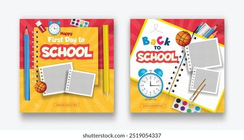 School admission social media post banner design.with Colorful Pencil and Other Learning Items on Hand Drawn Doodles