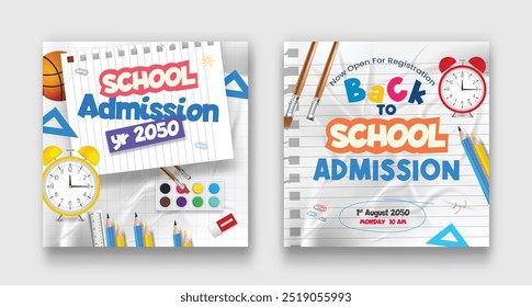 School admission social media post banner design. with checkered paper learning elements icons for educational background