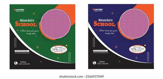 School admission social media post banner design. back to school social media post banner design set. Back to school admission promotion banner. school admission template for social media ad.