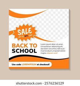 School admission social media post or education school web banners template or square layout poster, back to school story banner post. space for photo. orange, black color element on white background