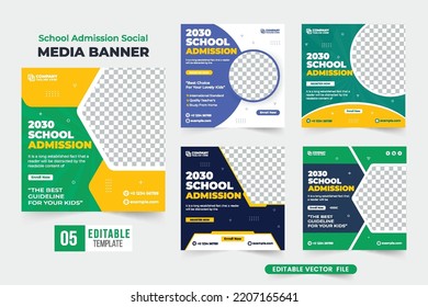 School Admission Social Media Template Bundle With Green And Dark Colors. College Education And Academic Poster Design Collection With Abstract Shapes. Back-to-school Registration Template Set Vector.