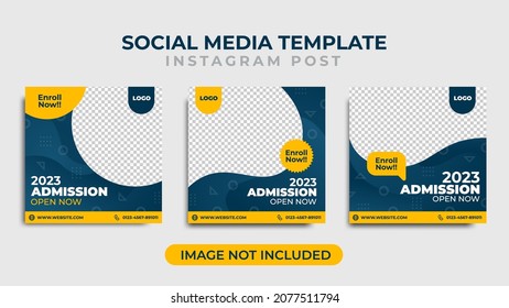 School admission square banner on dark blue and yellow background color. Perfect for flyers, web ads and social media post templates