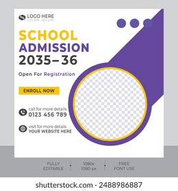 School admission square banner and social media post template Premium Vector and Editable School Admission social media post
