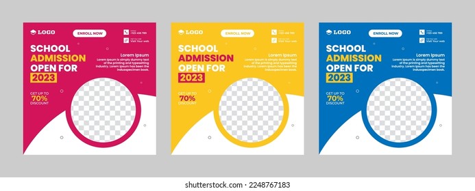 School admission square banner template for a back-to-school social media pack and Instagram post. Educational banner and social media post template and web banner.