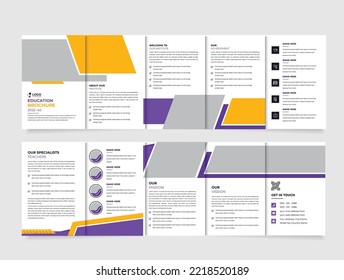 School admission tri fold brochure template . Fivefold school profile. Creative shape business, school admission brochure