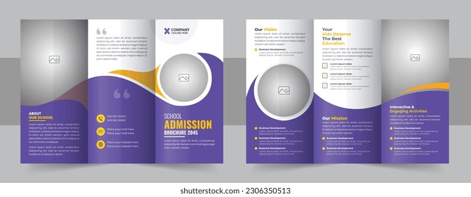 School admission tri fold brochure template . 2 page 3 folded school profile. Creative shape business, school admission brochure template design. School trifold brochure design vector