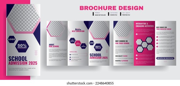 School Admission Tri-Fold Brochure Design Template Vector Illustration, Annual university brochure design for promotion, Corporate business template for tri fold flyer with rhombus square shapes, ads.