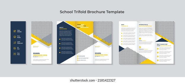 School admission tri-fold brochure template. Kids back to school education admission, kids school flyer or tri-fold brochure template design.