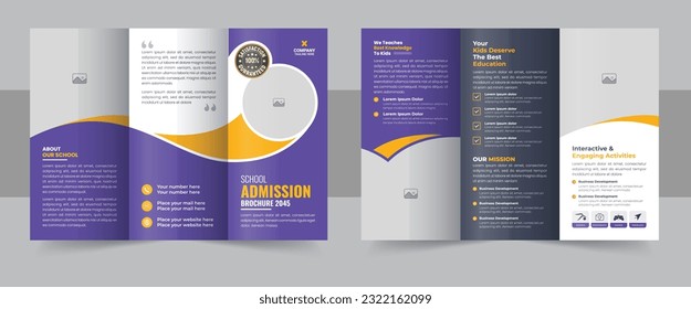 School admission trifold brochure template design with yellow and purple colors. Academic study brochure vector for promotional purposes. Education trifold brochure template with photo placeholder