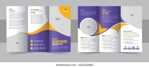 School admission trifold brochure template design with yellow and purple colors. Academic study brochure vector for promotional purposes. modern Education trifold brochure template