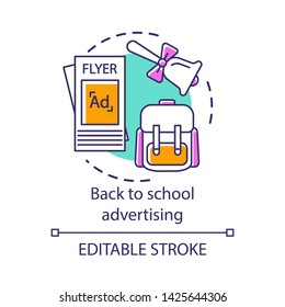 School advertising concept icon. Educational institution promotion idea thin line illustration. University, college selection. Flyer, bell and rucksack vector isolated outline drawing. Editable stroke