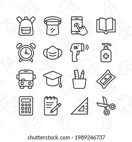 School after pandemic icon set. Contains such Icons as mask, backpack, hand sanitizer, and more. Line style design. Vector graphic illustration. Suitable for website design, app, template, ui.