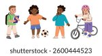 School age children in various activities. Boy walking to school, girl playing football, kid with bicycle. Vector illustrations in bright colors, cute cartoon characters, childhood, education, sports