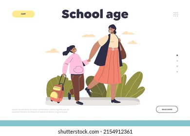 School age concept of landing page with mother taking kid girl to school class. Happy mom walking with small pupil child. Schoolchild and education. Cartoon flat vector illustration