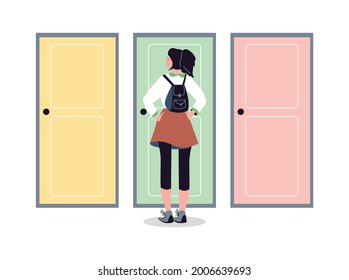 School age girl with backpack standing behind three closed doors, flat vector illustration isolated on white background. Right choice and education opportunity.