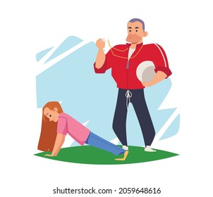 School age girl doing push-ups exercises under guidance of coach, flat vector illustration isolated on white background. Childrens sports and physical education.