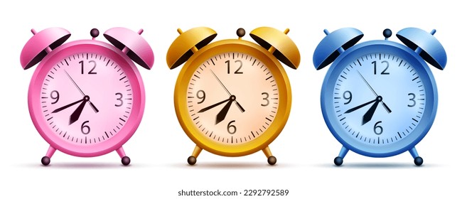 School alarm clock vector set design. Back to school with realistic alarm clock for time timer. Vector illustration isolated educational elements collection. 