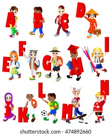 School alphabet, letters from A to N. Set of diverse school kids. Different nationalities and dress styles. European, American, Asian and African children, vector illustration, isolated on white.